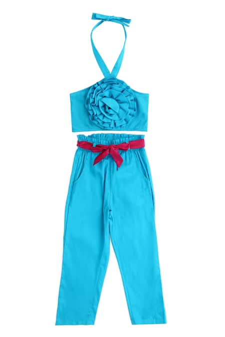 LIL DRAMA Blue 100% Cotton Halter Neck 3d Rose Embroidered Top And Pant Set