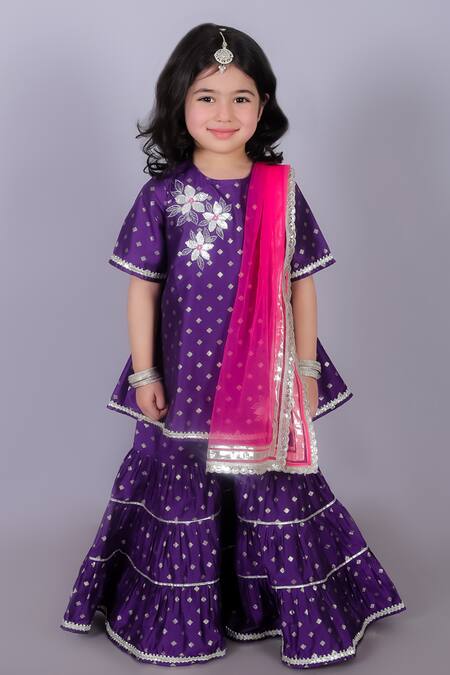 Buy Purple Viscose Rayon Printed Foil Floral Embroidered Kurta Sharara Set For Girls By Lil