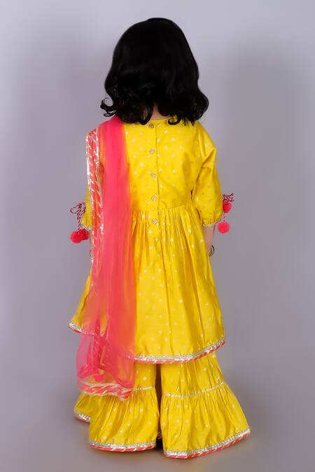 Shop Lil Drama Yellow Viscose, Rayon Gota Patti, Foil Floral Embroidered Kurta Sharara Set at Aza Fashions Shop_Lil Drama_Yellow Viscose, Rayon Gota Patti, Foil Floral Embroidered Kurta Sharara Set_at_Aza_Fashions
