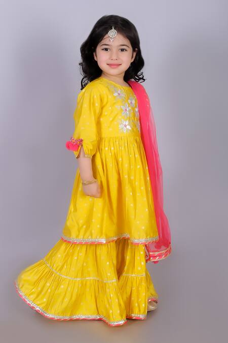 Lil Drama Yellow Viscose, Rayon Gota Patti, Foil Floral Embroidered Kurta Sharara Set Online at Aza Fashions Lil Drama_Yellow Viscose, Rayon Gota Patti, Foil Floral Embroidered Kurta Sharara Set_Online_at_Aza_Fashions
