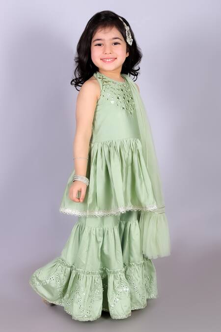 Lil Drama_Green Cotton, Viscose, Net Mirrors Embroidered Kurta Sharara Set _Online_at_Aza_Fashions