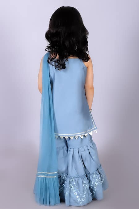 Shop Lil Drama Blue Viscose, Net Mirrors, Embroidery Floral Kurta Sharara Set at Aza Fashions Shop_Lil Drama_Blue Viscose, Net Mirrors, Embroidery Floral Kurta Sharara Set_at_Aza_Fashions