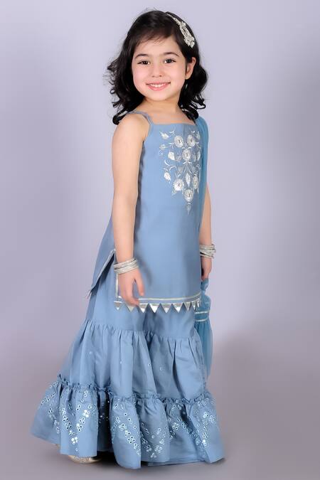 Lil Drama Blue Viscose, Net Mirrors, Embroidery Floral Kurta Sharara Set Online at Aza Fashions Lil Drama_Blue Viscose, Net Mirrors, Embroidery Floral Kurta Sharara Set_Online_at_Aza_Fashions