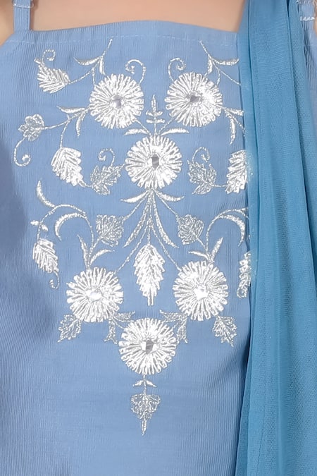 Shop Lil Drama Blue Viscose, Net Mirrors, Embroidery Floral Kurta Sharara Set Online at Aza Fashions Shop_Lil Drama_Blue Viscose, Net Mirrors, Embroidery Floral Kurta Sharara Set_Online_at_Aza_Fashions