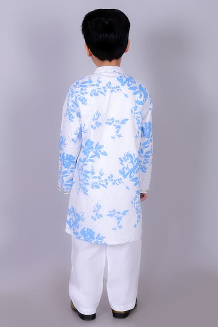 Shop_LIL DRAMA_Blue Cotton Mirrors Floral Print Embroidered Kurta And Pant Set _at_Aza_Fashions
