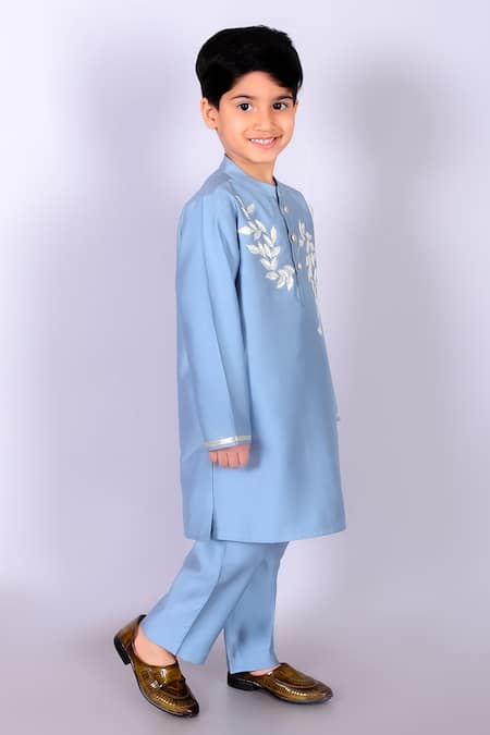 Lil Drama_Blue Viscose, Cotton Embroidery Floral Placement Kurta And Pant Set _Online_at_Aza_Fashions