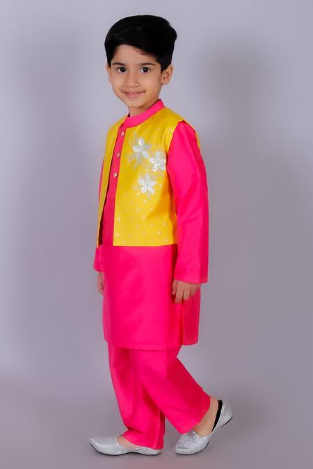 Lil Drama_Pink Polyester, Cotton, Gingham Embroidery Floral Jacket Pant Set _Online_at_Aza_Fashions