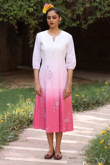 Kahani Lush_Pink Cotton Embroidery Open Neck Princess Cut Ombre Dress _Online_at_Aza_Fashions