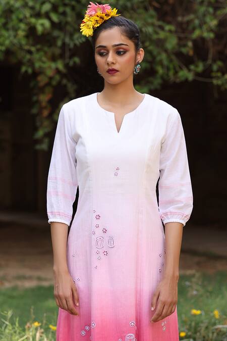 Buy Kahani Lush Pink Cotton Embroidery Open Neck Princess Cut Ombre Dress Online at Aza Fashions Buy_Kahani Lush_Pink Cotton Embroidery Open Neck Princess Cut Ombre Dress _Online_at_Aza_Fashions