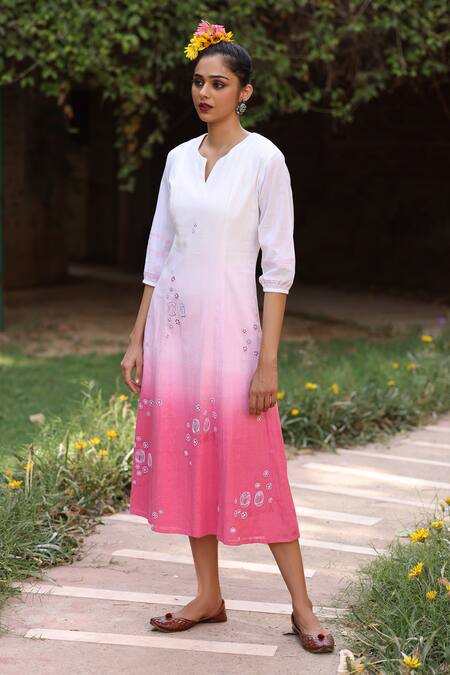 Shop_Kahani Lush_Pink Cotton Embroidery Open Neck Princess Cut Ombre Dress _Online_at_Aza_Fashions