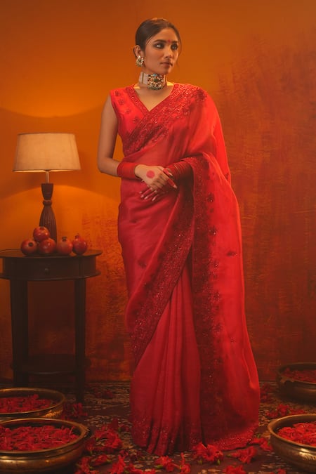 Midushi Bajoria Red Saree Organza Hand Embroidered Cutdana Plunge V Neck With Sleeveless Blouse 