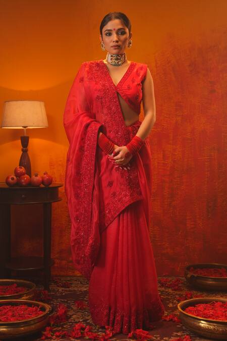 Midushi Bajoria_Red Organza, Silk Cut Work, Hand Embroidered Saree With Sleeveless Blouse _Online_at_Aza_Fashions
