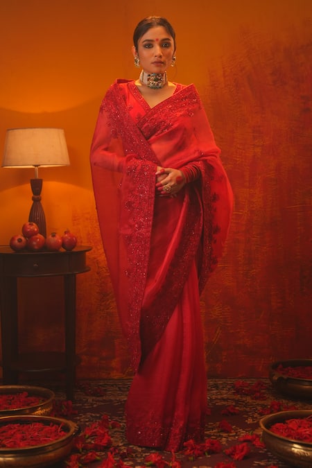 Buy_Midushi Bajoria_Red Organza, Silk Cut Work, Hand Embroidered Saree With Sleeveless Blouse _Online_at_Aza_Fashions