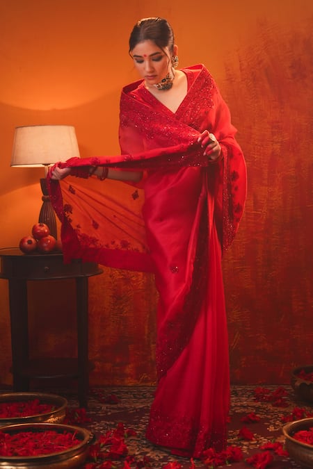 Shop Midushi Bajoria Red Organza, Silk Cut Work, Hand Embroidered Saree With Sleeveless Blouse Online at Aza Fashions Shop_Midushi Bajoria_Red Organza, Silk Cut Work, Hand Embroidered Saree With Sleeveless Blouse _Online_at_Aza_Fashions