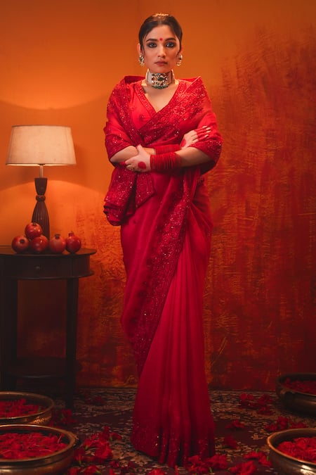 Midushi Bajoria Red Organza, Silk Cut Work, Hand Embroidered Saree With Sleeveless Blouse at Aza Fashions Midushi Bajoria_Red Organza, Silk Cut Work, Hand Embroidered Saree With Sleeveless Blouse _at_Aza_Fashions