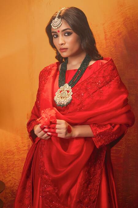 Shop Midushi Bajoria Red Silk, Chanderi, Organza Cut Work, Cutdana Embroidered Anarkali With Dupatta Online at Aza Fashions Shop_Midushi Bajoria_Red Silk, Chanderi, Organza Cut Work, Cutdana Embroidered Anarkali With Dupatta _Online_at_Aza_Fashions