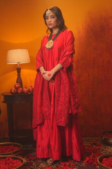 Midushi Bajoria_Red Silk, Chanderi, Organza Cut Work, Cutdana Embroidered Anarkali With Dupatta _at_Aza_Fashions