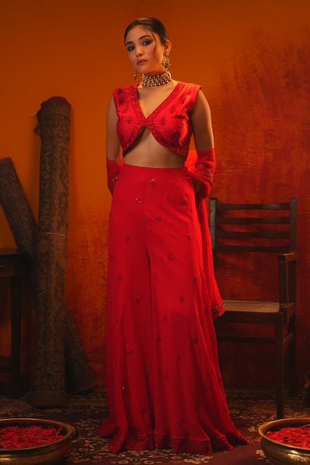 Midushi Bajoria_Red Georgette, Tulle Sequins, Cut Work Cutdana Embroidered Blouse Pant Set _Online_at_Aza_Fashions