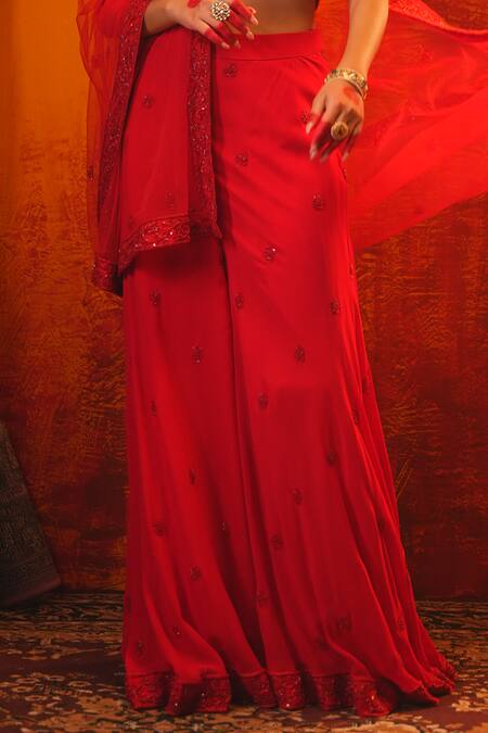 Buy Midushi Bajoria Red Georgette, Tulle Sequins, Cut Work Cutdana Embroidered Blouse Pant Set Online at Aza Fashions Buy_Midushi Bajoria_Red Georgette, Tulle Sequins, Cut Work Cutdana Embroidered Blouse Pant Set _Online_at_Aza_Fashions