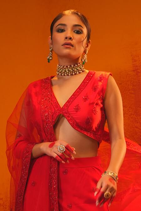 Shop Midushi Bajoria Red Georgette, Tulle Sequins, Cut Work Cutdana Embroidered Blouse Pant Set Online at Aza Fashions Shop_Midushi Bajoria_Red Georgette, Tulle Sequins, Cut Work Cutdana Embroidered Blouse Pant Set _Online_at_Aza_Fashions