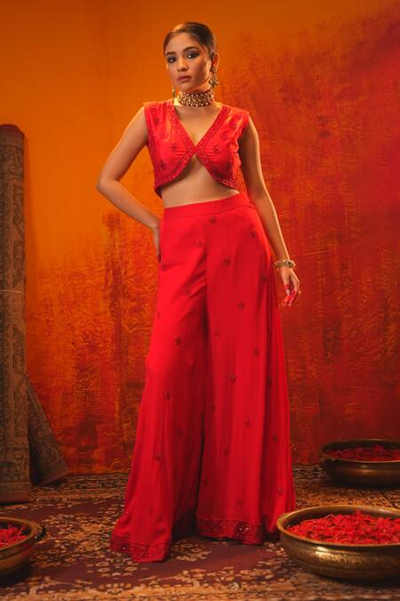 Midushi Bajoria_Red Georgette, Tulle Sequins, Cut Work Cutdana Embroidered Blouse Pant Set _at_Aza_Fashions
