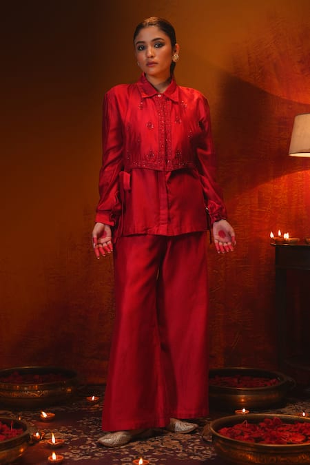 Midushi Bajoria_Red Silk, Cotton, Chanderi Cut Work, Cutdana Embroidered Shirt And Pant Set _Online_at_Aza_Fashions
