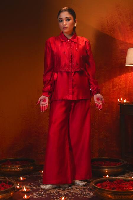 Shop Midushi Bajoria Red Silk, Cotton, Chanderi Cut Work, Cutdana Embroidered Shirt And Pant Set Online at Aza Fashions Shop_Midushi Bajoria_Red Silk, Cotton, Chanderi Cut Work, Cutdana Embroidered Shirt And Pant Set _Online_at_Aza_Fashions