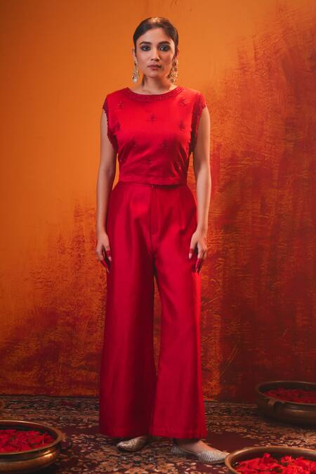 Midushi Bajoria Red Silk, Cotton, Chanderi Cut Work Cutdana Embroidered Crop Top And Pant Set Online at Aza Fashions Midushi Bajoria_Red Silk, Cotton, Chanderi Cut Work Cutdana Embroidered Crop Top And Pant Set _Online_at_Aza_Fashions