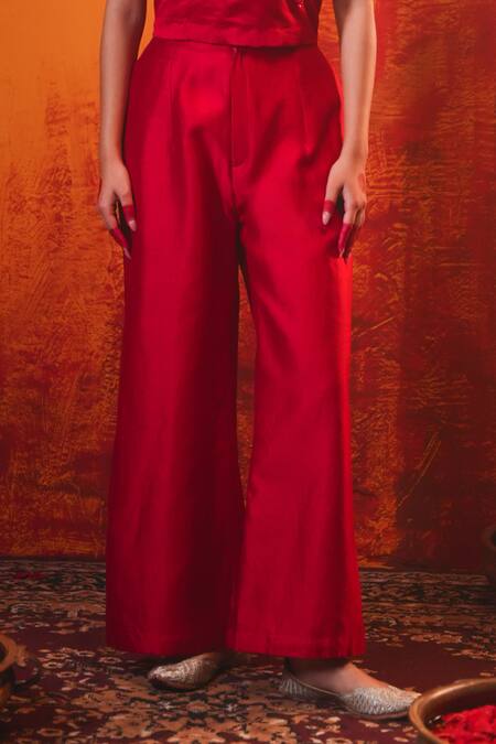 Buy Midushi Bajoria Red Silk, Cotton, Chanderi Cut Work Cutdana Embroidered Crop Top And Pant Set Online at Aza Fashions Buy_Midushi Bajoria_Red Silk, Cotton, Chanderi Cut Work Cutdana Embroidered Crop Top And Pant Set _Online_at_Aza_Fashions