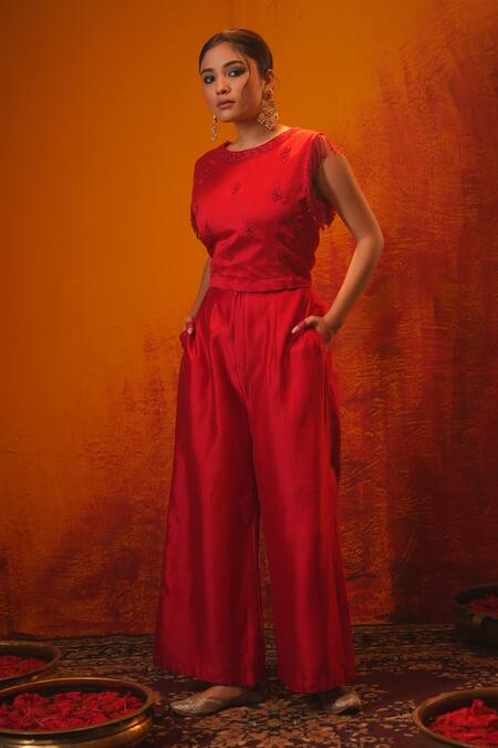 Shop_Midushi Bajoria_Red Silk, Cotton, Chanderi Cut Work Cutdana Embroidered Crop Top And Pant Set _Online_at_Aza_Fashions