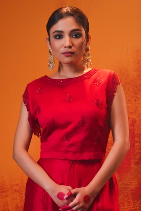 Midushi Bajoria Red Silk, Cotton, Chanderi Cut Work Cutdana Embroidered Crop Top And Pant Set at Aza Fashions Midushi Bajoria_Red Silk, Cotton, Chanderi Cut Work Cutdana Embroidered Crop Top And Pant Set _at_Aza_Fashions