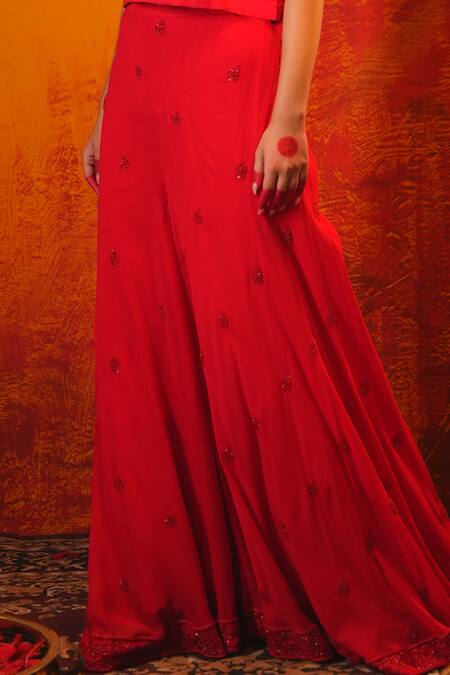 Midushi Bajoria Red Chanderi, Georgette Cut Work, Cutdana Embroidered Top And Flared Pant Set Online at Aza Fashions Midushi Bajoria_Red Chanderi, Georgette Cut Work, Cutdana Embroidered Top And Flared Pant Set _Online_at_Aza_Fashions