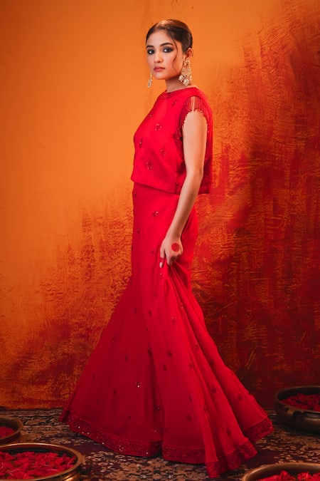 Buy Midushi Bajoria Red Chanderi, Georgette Cut Work, Cutdana Embroidered Top And Flared Pant Set Online at Aza Fashions Buy_Midushi Bajoria_Red Chanderi, Georgette Cut Work, Cutdana Embroidered Top And Flared Pant Set _Online_at_Aza_Fashions