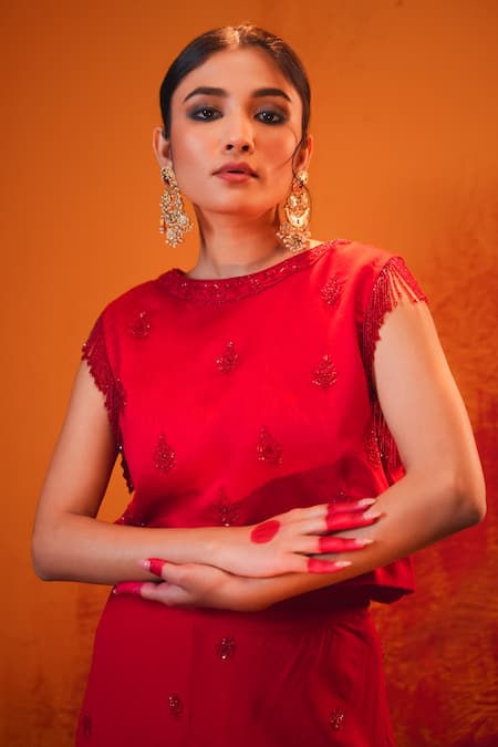Shop Midushi Bajoria Red Chanderi, Georgette Cut Work, Cutdana Embroidered Top And Flared Pant Set Online at Aza Fashions Shop_Midushi Bajoria_Red Chanderi, Georgette Cut Work, Cutdana Embroidered Top And Flared Pant Set _Online_at_Aza_Fashions