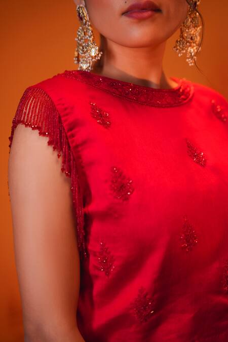 Midushi Bajoria Red Chanderi, Georgette Cut Work, Cutdana Embroidered Top And Flared Pant Set at Aza Fashions Midushi Bajoria_Red Chanderi, Georgette Cut Work, Cutdana Embroidered Top And Flared Pant Set _at_Aza_Fashions