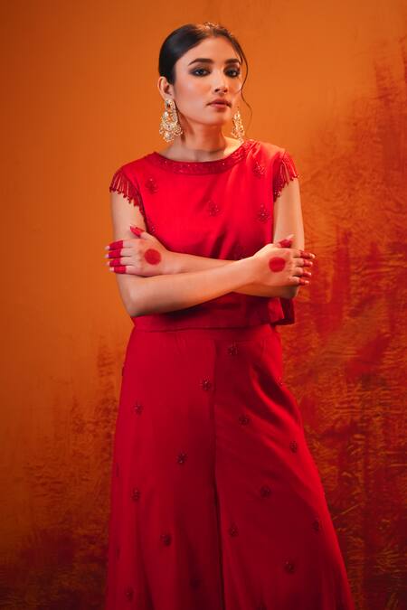 Buy Midushi Bajoria Red Chanderi, Georgette Cut Work, Cutdana Embroidered Top And Flared Pant Set Buy_Midushi Bajoria_Red Chanderi, Georgette Cut Work, Cutdana Embroidered Top And Flared Pant Set