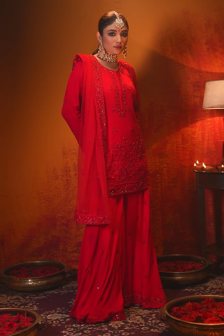 Midushi Bajoria Red Georgette, Tulle, Cotton Cut Work, Cutdana Embroidered Kurta Sharara Set Online at Aza Fashions Midushi Bajoria_Red Georgette, Tulle, Cotton Cut Work, Cutdana Embroidered Kurta Sharara Set _Online_at_Aza_Fashions