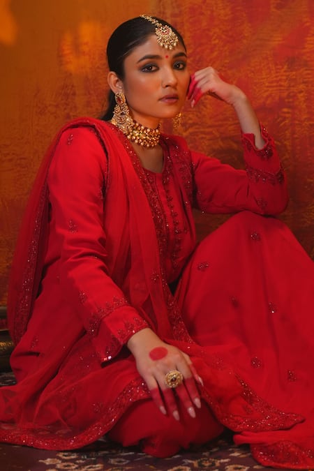 Buy_Midushi Bajoria_Red Georgette, Tulle, Cotton Cut Work, Cutdana Embroidered Kurta Sharara Set _Online_at_Aza_Fashions