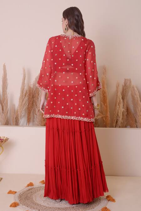 Shop_Surabhi Arya_Red Organza, Georgette Embroidery Round Neck Animal Motif Jacket Skirt Set _at_Aza_Fashions