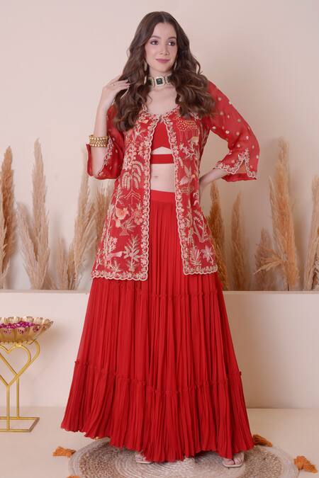 Surabhi Arya_Red Organza, Georgette Embroidery Round Neck Animal Motif Jacket Skirt Set _Online_at_Aza_Fashions