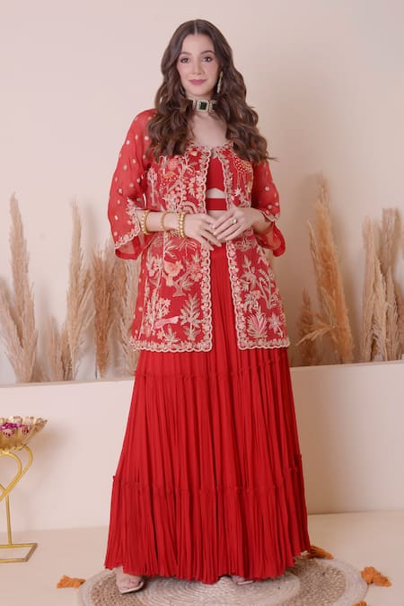 Buy_Surabhi Arya_Red Organza, Georgette Embroidery Round Neck Animal Motif Jacket Skirt Set _Online_at_Aza_Fashions