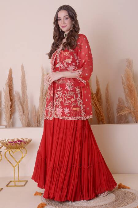 Shop_Surabhi Arya_Red Organza, Georgette Embroidery Round Neck Animal Motif Jacket Skirt Set _Online_at_Aza_Fashions
