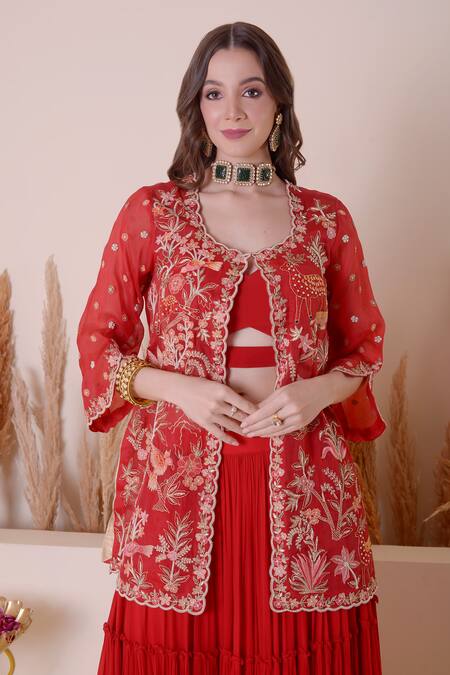 Surabhi Arya_Red Organza, Georgette Embroidery Round Neck Animal Motif Jacket Skirt Set _at_Aza_Fashions