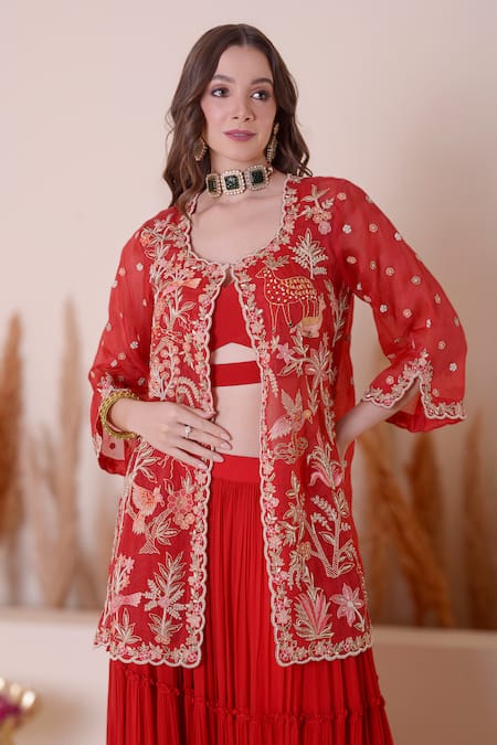 Buy_Surabhi Arya_Red Organza, Georgette Embroidery Round Neck Animal Motif Jacket Skirt Set 