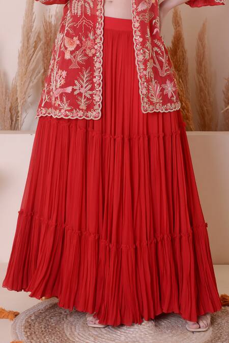 Shop_Surabhi Arya_Red Organza, Georgette Embroidery Round Neck Animal Motif Jacket Skirt Set 