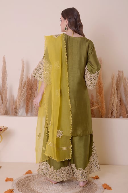 Shop_Surabhi Arya_Green Bamboo Cut Work, Embroidery, Gota Patti, Zari V-neck And Kurta Sharara Set _at_Aza_Fashions