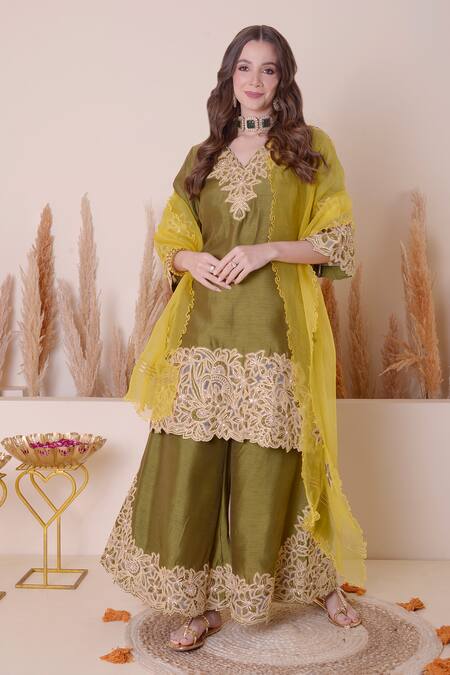 Surabhi Arya_Green Bamboo Cut Work, Embroidery, Gota Patti, Zari V-neck And Kurta Sharara Set _Online_at_Aza_Fashions