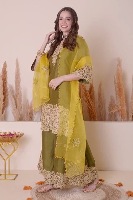 Shop_Surabhi Arya_Green Bamboo Cut Work, Embroidery, Gota Patti, Zari V-neck And Kurta Sharara Set _Online_at_Aza_Fashions