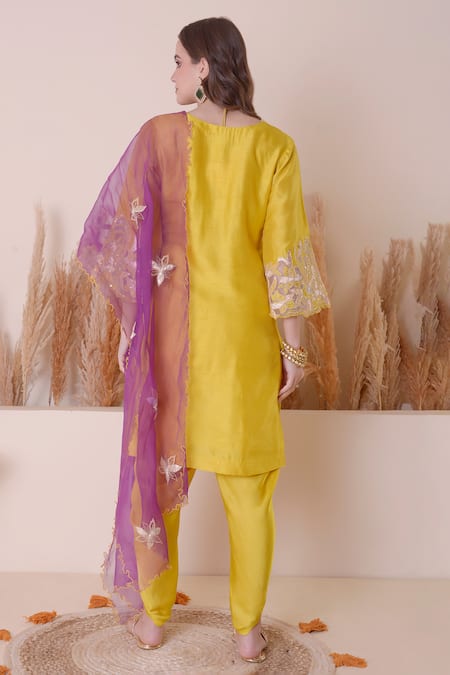Shop_Surabhi Arya_Yellow Modal, Silk, Chiffon Embroidery, Floral Cutwork Kurta Dhoti Pant Set _at_Aza_Fashions