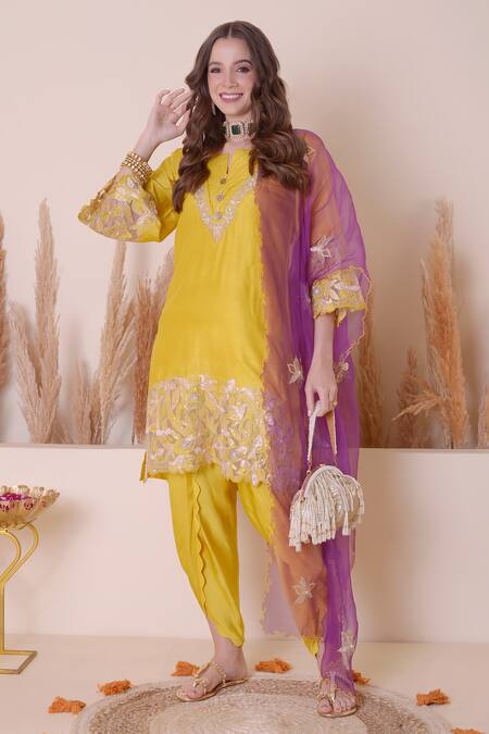 Surabhi Arya_Yellow Modal, Silk, Chiffon Embroidery, Floral Cutwork Kurta Dhoti Pant Set _Online_at_Aza_Fashions